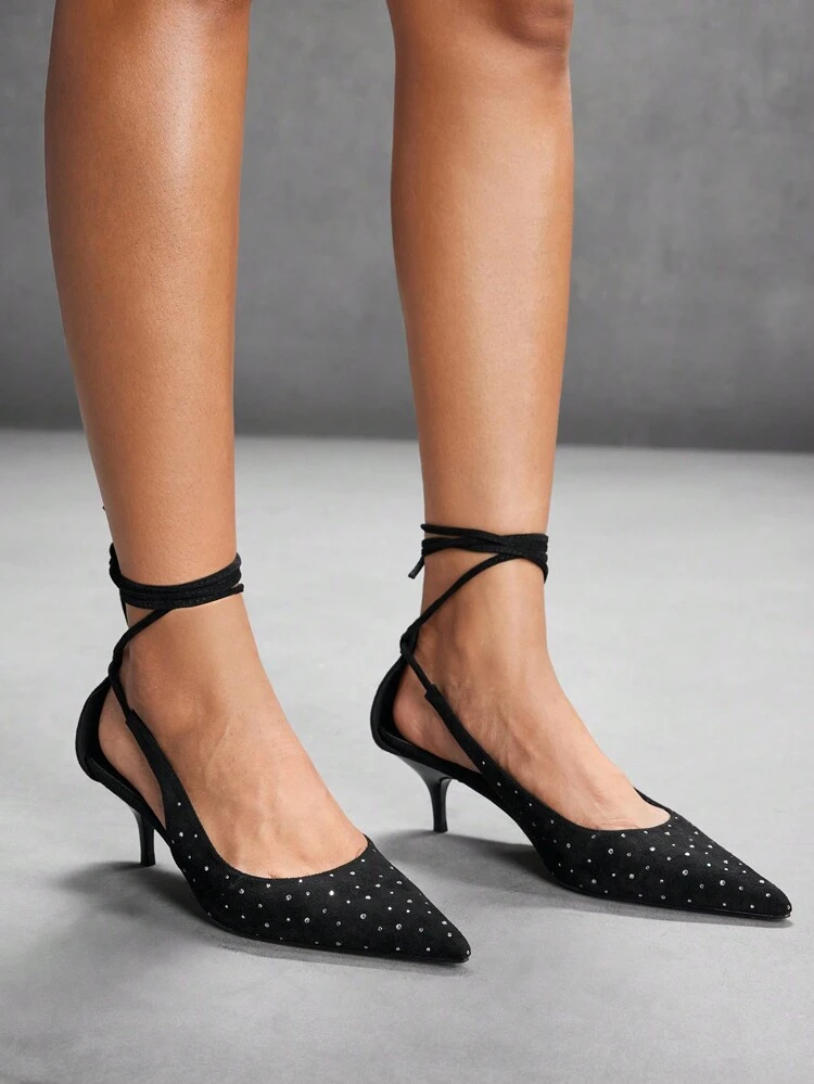 CUCCOO SZL 1 Pair Pointed Toe Low Heel Black Suede + Rhinestone Decor Pointed Toe Elegant Party High Heel Pumps For Women Spring Shoes Spring Break Easter Prom Heels