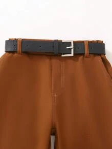 SHEIN بنطلون كاجوال مربوط بحزام للأولاد الصغار، للربيع والصيف - بني - مشاهدة 3