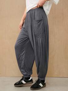 SHEIN EZwear 1pc Solid Patched Pocket Carrot Pants - Grey - View 1