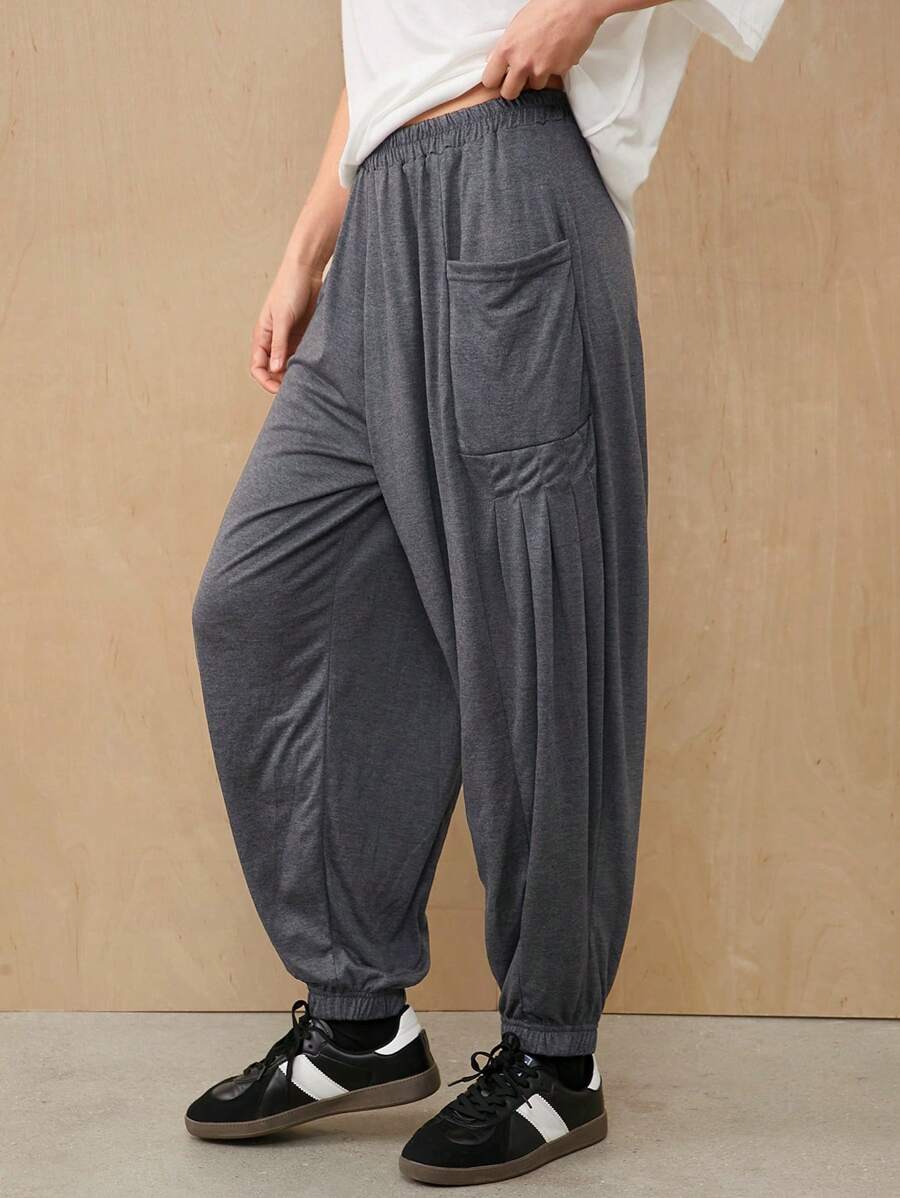 SHEIN EZwear 1pc Solid Patched Pocket Carrot Pants - Grey - View 1