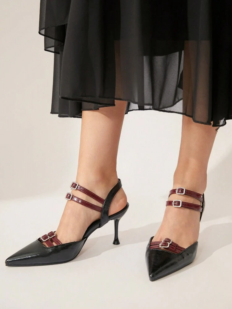 CUCCOO CHICEST Pointed Toe Mid Heel Closed Toe Double Buckle Strap Sandals For Women