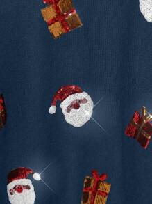 SHEIN LUNE Plus Size Women's Solid Color Knit Crew Neck Christmas Themed Beaded Decor Long Sleeve Casual Pullover Sweater