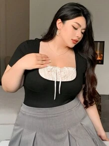 Dazy Plus Plus Size Contrast Lace Mock 2-In-1 Fitted Short Sleeve T-Shirt, Spring/Summer Cute Tops, Back To School Clothes - Black - View 8