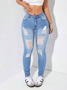 SHEIN EZwear Women's Pocketed Distressed Skinny Casual Versatile Jeans