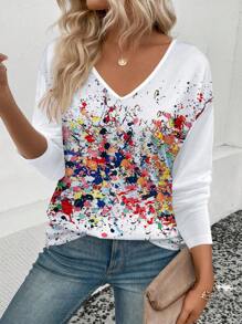 INAWLY 女士秋冬 V 领扎染印花长袖 T 恤图案 T 恤女士上衣春季服装 - 彩色 - 查看 6