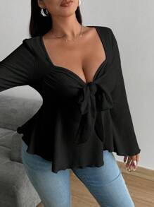 Flirla Plus Size Solid Rib-Knit Twist Front Flare Sleeve T-Shirt Fall Cloth For Women - Black - View 4