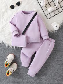Baby Girls Autumn/Winter Casual Sports Minimalist Style Rose Red Sweatshirt & Elastic Waist Long Pants 2 Pieces Outfit + Crossbody Bag - Purple - View 1