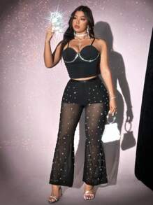 Viva Relle Pantalones sexys transparentes de talla grande con decoración de perlas, para fiestas y uso diario