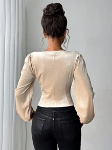Chiquease Camicia in velluto retrò d'alta gamma con colletto quadrato, cardigan corto in vita, elegante per primavera e autunno - Cachi - Visualizzare 2