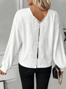 SHEIN LUNE Damska koronkowa koszulka z nadrukiem motyli, luźna, z okrągłym dekoltem, do noszenia na co dzień