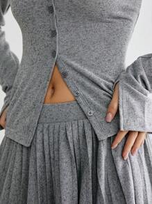 Enchnt Winter Romantic Plain V Collar Long Sleeve Single-Breasted Casual T-Shirt And Pleated Mini Skirt 2 Pieces Set, For Christmas Party&Romantic Dinner Dates, Daily Wear