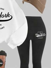 SHEIN Set de 2 piezas de sudadera con estampado de letras y pantalones con gráfico de dibujos animados para niñas, estilo minimalista casual, apto para otoño/invierno