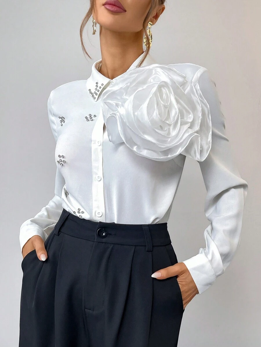 Firerie Women's Elegant Long Sleeve Floral Ornament Blouse - Beige - View 1