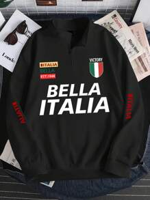 Manfinity Campus Court 男士字母印花休闲时尚四分之一拉链套头卫衣，秋季款，长袖上衣 - 黑色 - 查看 4