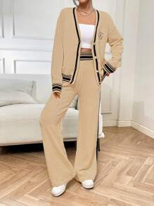 Chiquease 2 Stücke Damen Set, Farbblock Langarm Top mit Knöpfen vorne & Hosen, minimalistisch