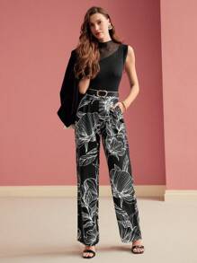 MOTF Women's Plant Print Pleated Pocket Wide Leg Loose Elegant Casual Pants - Black - View 5