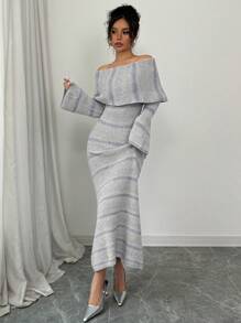 Elenzga Women's Off-Shoulder Form-Fitting Sweater Dress - Grey - View 5
