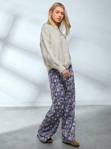 SHEIN EZwear Women's Twig Knit Wide Leg Lounge Pants - Coffee Brown - View 3