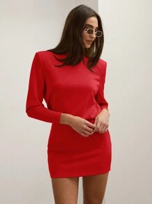 COSMINA Women's Lemon Yellow Solid Color Casual Elegant Modern Turtleneck Long Sleeve Mini Party Gala Cocktail Dress With Shoulder Pads Fall Winter