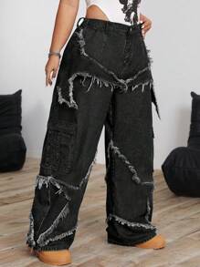 SHEIN ICON 大码女式拼布磨边口袋宽松休闲百搭直筒牛仔裤 - 黑色 - 查看 4