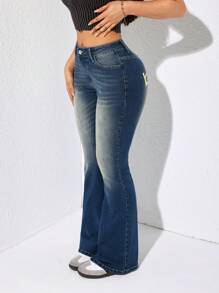 SHEIN EZwear 女式前扣口袋印花简约牛仔裤休闲日常穿着 - 藍色 - 查看 5
