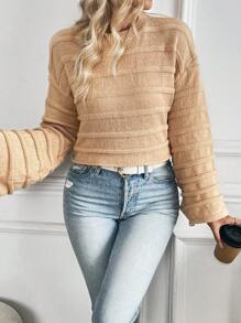 SHEIN LUNE Khaki Textured Loose Pullover Sweater, Autumn/Winter Knit Pullover Fall - Khaki - View 4