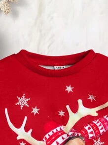 年轻男孩圣诞圆领运动衫，黑色鹿图案家庭装，带兜帽鹿角，围巾，礼品盒，星星，圣诞快乐 - 紅色 - 查看 5