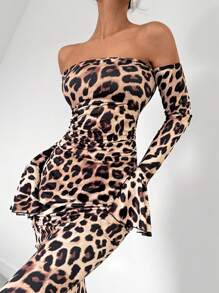 Chiquease Elegantes Damenkleider mit Leoprint, Off-Shoulder, Gerüscht, Bodycon Maxi für Damen Mode-Outfit - Verschiedenfarbig - Übersicht 3
