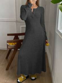DAZY Ribbed Knit Fabric Fitted Casual Dress Pajama - Dark Grey - View 1