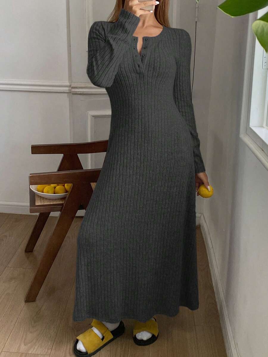 DAZY Ribbed Knit Fabric Fitted Casual Dress Pajama - Dark Grey - View 1