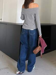DAZY 女士露肩纯色针织T恤，灰色，春秋季长袖女式上衣，秋季女装露肩上衣 - 灰色 - 查看 2
