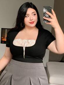 Dazy Plus Plus Size Contrast Lace Mock 2-In-1 Fitted Short Sleeve T-Shirt, Spring/Summer Cute Tops, Back To School Clothes - Black - View 7