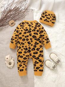 女婴豹纹长袖圆领按扣连体裤，秋冬 - 黃色 - 查看 2
