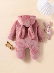 SHEIN Playful Pals 女婴绒毛兔耳长袖连帽连体衣睡衣 - 藕粉色 - 查看 2