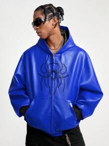 Manfinity VCAY 男士前拉链长袖印花休闲连帽夹克和外套，适合秋冬 - 藍色 - 查看 3