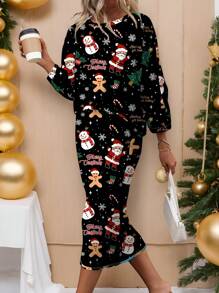 SHEIN LUNE 2pcs/Set Women Casual Santa Claus & Christmas Tree Pattern T-Shirt And Skirt Set, Suitable For Autumn & Winter