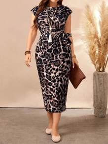 EMERY ROSE 大码女式豹纹圆领扭腰修身优雅连衣裙长款女式服装 - 彩色 - 查看 6