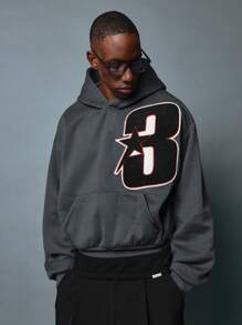 SUMWON Classic Varsity Number Hoodie Street Style Relaxed Sweatshirt Soft Fleece Loungewear Athletic Urban Pullover Fall Winter Layering Piece Everyday Casual - Dark Grey - View 1