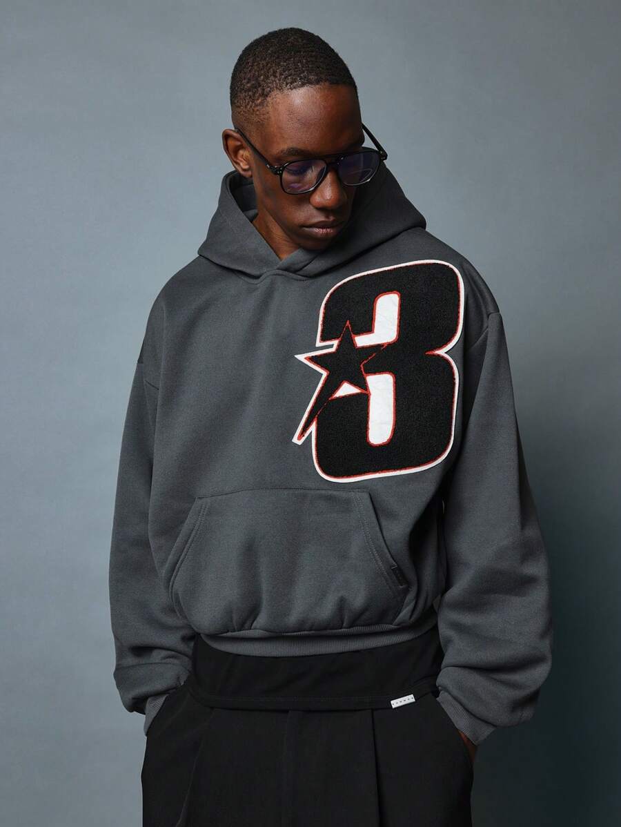 SUMWON Classic Varsity Number Hoodie Street Style Relaxed Sweatshirt Soft Fleece Loungewear Athletic Urban Pullover Fall Winter Layering Piece Everyday Casual - Dark Grey - View 1