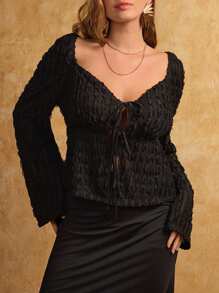 SHEIN VCAY Plus Size Women Solid Color Textured Sheer Blouse