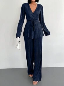 EURMUSE 2pcs Women's Solid V-Neck Wrap Belted Long Sleeve Top And Pants Set - Navy Blue - View 3