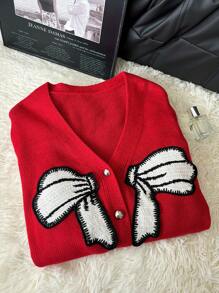 SHEIN Frenchy Damen Große Größen Weihnachten Schmetterling V-Ausschnitt Strickjacke - Rot - Übersicht 4