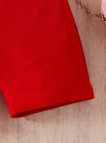 SHEIN 2 件套年轻女孩休闲可爱 T 恤和连体衣套装，时尚潮流春秋 - 紅色 - 查看 6