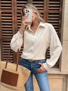 SHEIN Frenchy Women's Solid Color Casual Simple Stylish Shirt, For Everyday Wear, A Must-Have For Autumn And Winter, Lapel Long Sleeve Puff Sleeve Loose Top, Solid Color Cardigan Shirt, Casual And Loose,
