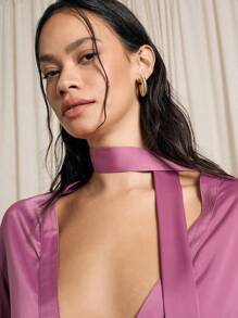 AiiRZ 个性泡泡袖衬衫，搭配同色系围巾，优雅前领带，维多利亚风格高腰缎面晚会上衣 - 紫色 - 查看 4