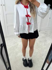 SHEIN EZwear 女式撞色系带长袖休闲衬衫 - 白色 - 查看 6