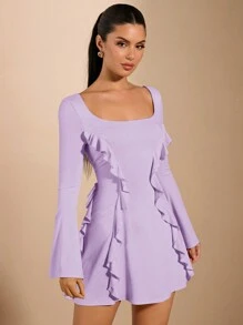 SHEIN BAE Summer Dresses Collection: Mini Dress, Yellow Dress, Backless Dress, Tie-Back Dress, Long Sleeve Dress, Casual/Date Dress, Sweet Girl Beach & Music Festival Dress, Flouncy Hem Ruffle Decorated Sexy&Cute Ladies Dress - Mauve Purple - View 4
