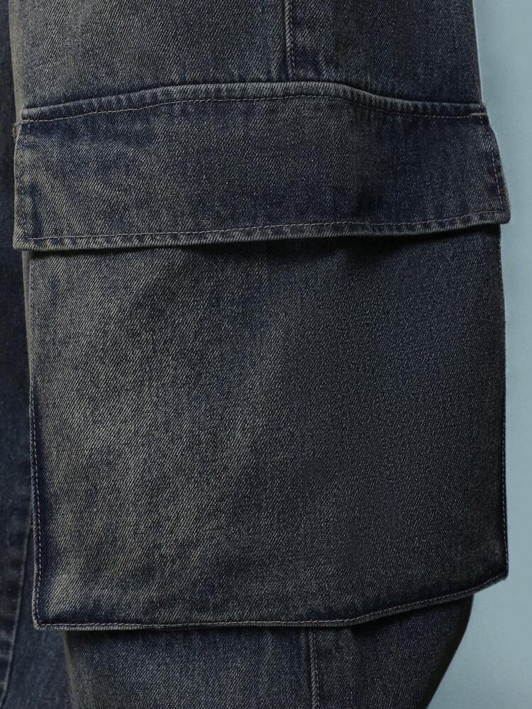 Jean cargo à poches multiples, coupe ample lavé, avec taille élastique et cordons de serrage