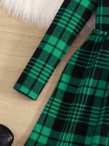 SHEIN Tween Girl Casual Knit Plaid Stand Collar A-Line Long Sleeve Christmas Dress
