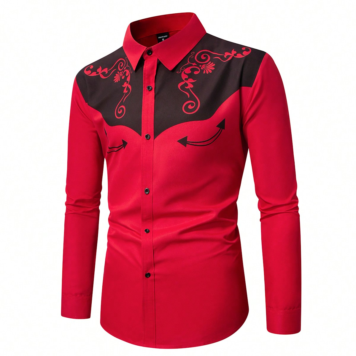 Camisa de hombre con estilo occidental, estampado de parches de color contrastante, para otoño, manga larga, para vacaciones